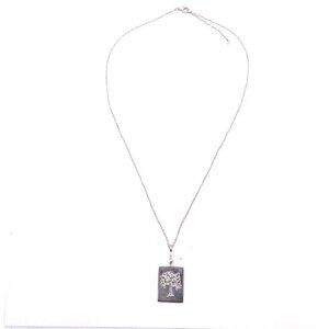 925 Sterling Silver Engraved Rhinestone Tree Rectangle Pendant Chain Necklace 17